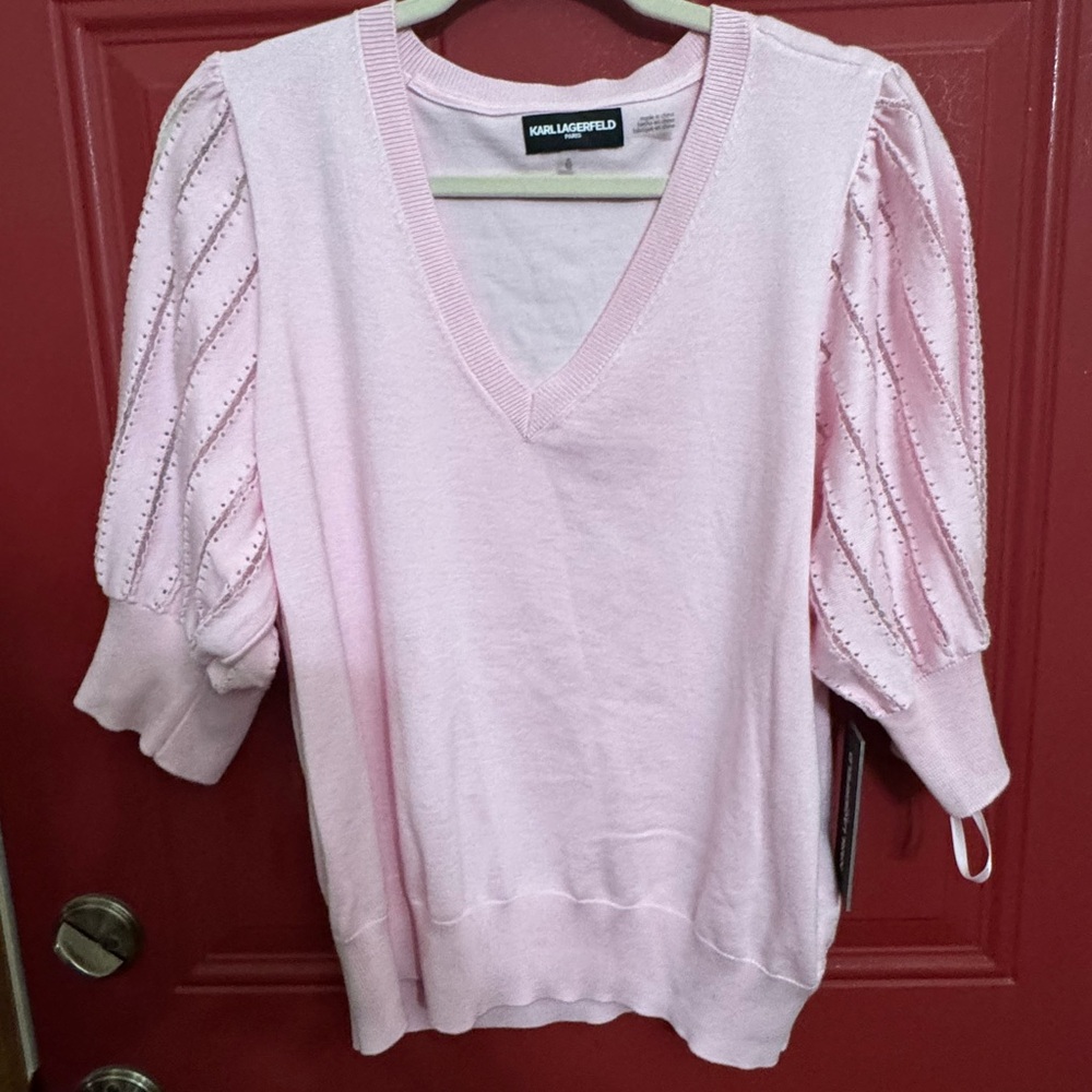Karl Lagerfeld Pink V-Neck Sweater with Cable Knit Sleeves